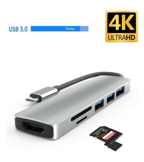Daytona Airsky Hc-13 Type-C To 3-USB3.0 4K Ultra Hd HDMI Sd Kart Girişli 6IN1 Çevirici Hub Adaptör
