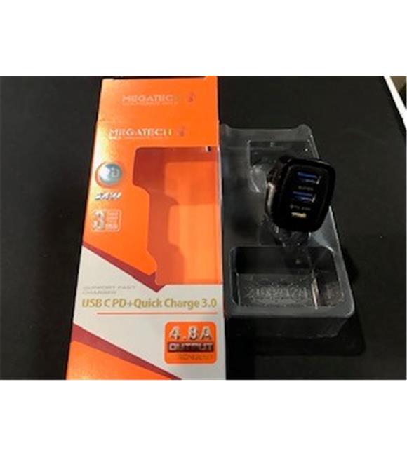 Megatech Siyah Qc 3.0 Pd 24w 4.8A Araç Şarj Cihacı 2Usb+1 Typ-c Grişi