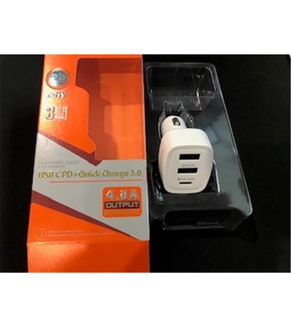 Megatech Beyaz Qc 3.0 Pd 24w 4.8A Araç Şarj Cihacı 2Usb+1 Typ-c Grişi