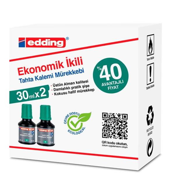 Edding Tahta Kalem Mürekkebi Damlalıklı Ekonomik 30 ML Yeşil 2 Li BT30