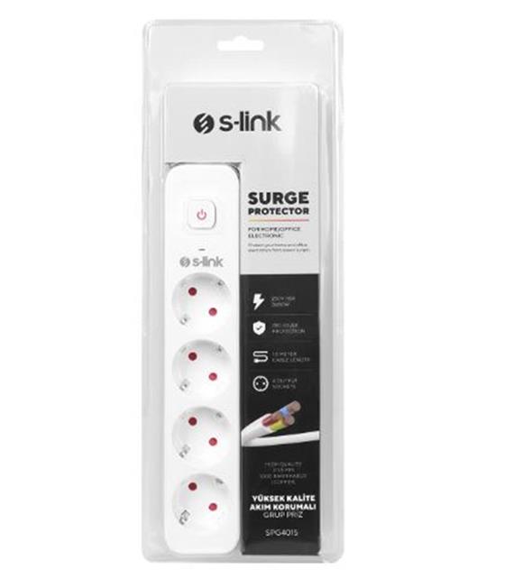 S-link SPG401S 1.5m 1.5mm 100 yüzde Bakır 750 Joule 4 lü Anahtarlı Akım Korumalı Priz Grup Prizler