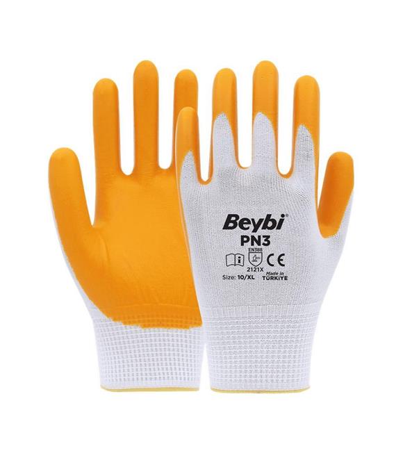 Beybi PN3 Beyaz Sarı 9 Beden Polyester Örme Nitril Eldiven 12li Paket EN388 (2121X)