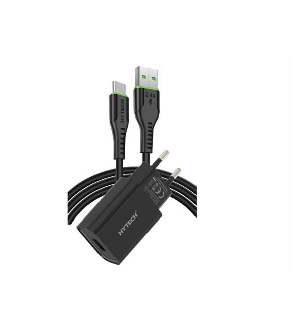 Hytech HY-XE26T Type-C Kablolu 2100MA Ev Şarj 11W + 2,4A Siyah Şarj Adaptör Seti