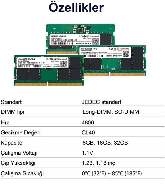 Transcend 32GB(1x32GB) 4800Mhz SODIMM CL40 DDR5 Notebook Ram (JM4800ASE-32G)