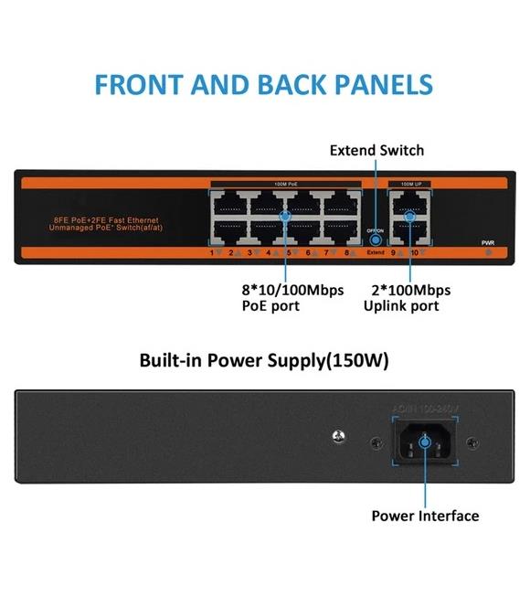 Nova ND1P802LFG 8 Port Poe+ 10-100 Mbps 2 Port 10-100-1000 Uplink Switch 150W