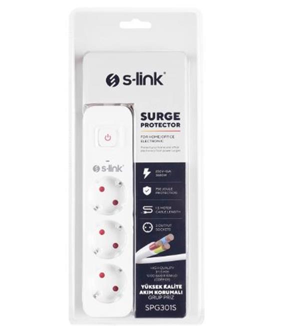 S-link SPG301S 1.5m 3x1.5mm 100 yüzde Bakır 750 Joule 3 lü Anahtarlı Akım Korumalı Priz Akım Korumalı Prizler