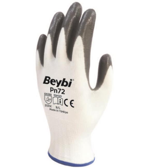 Beybi Nitril Poly PN72 9 Beden Beyaz Gri Eldiven 12li Paket