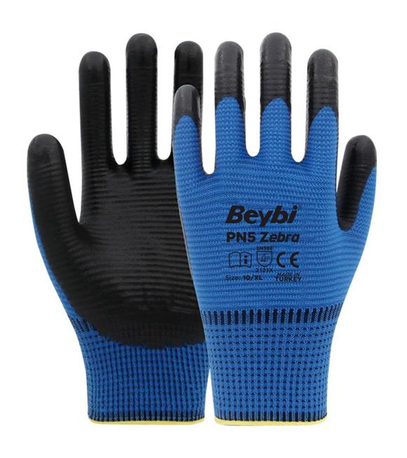 Beybi Nitril PMK PN5 Zebra Mavi Siyah 9 Beden 12li Paket (EN388 2121X)
