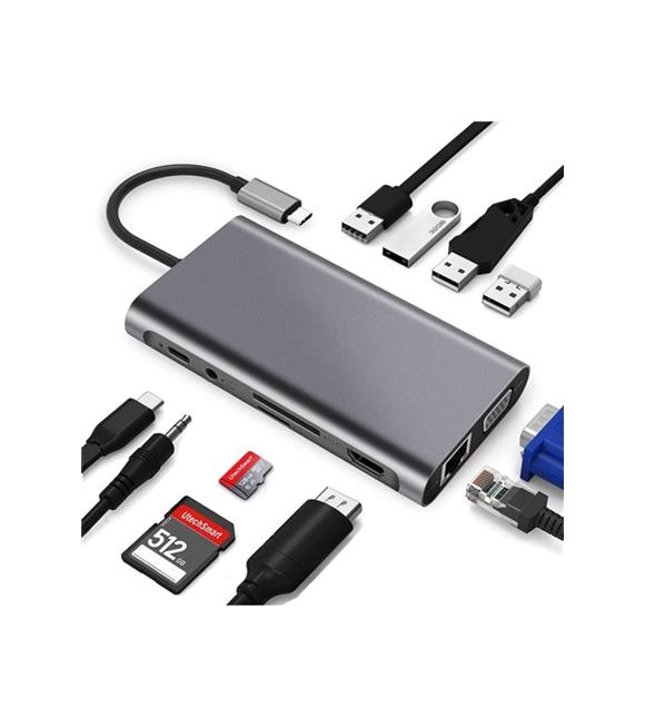 Daytona Fc31 11ın1 Type-c Usb-c To 4-Usb3.0 4k Hdmı Vga 1000 Mbps Rj45 Pd Aux Sd Tf Kart Çevirici_1