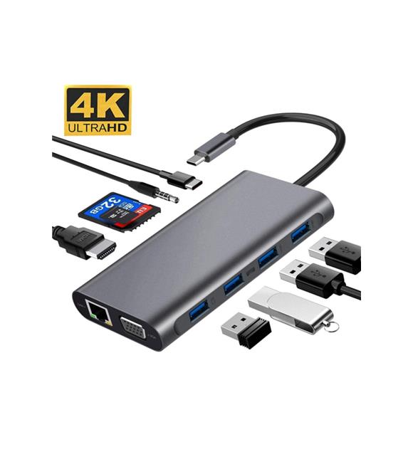 Daytona Fc31 11ın1 Type-c Usb-c To 4-Usb3.0 4k Hdmı Vga 1000 Mbps Rj45 Pd Aux Sd Tf Kart Çevirici
