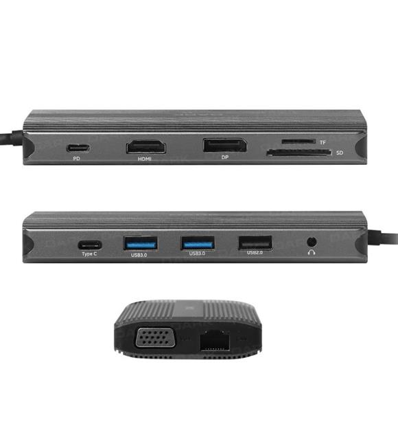 Dark DK-AC-U31X44 USB 3.1 Gen1 Type C 12in1 Ether-USB-C&USB-C PD-2xHDMI-VGA-TF SD -3xUSB 3.0- Hub