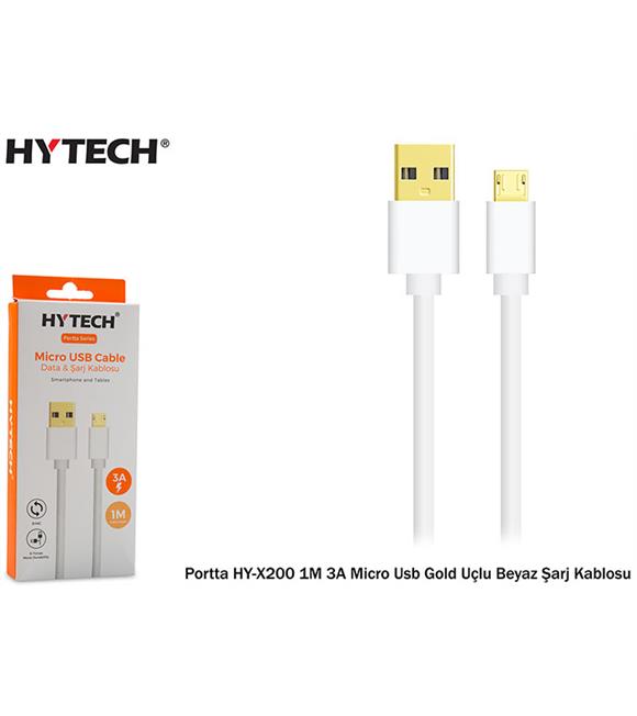 Hytech Portta HY-X200 1M 3A Micro Usb Gold Uçlu Beyaz Şarj Kablosu Cep Telefonu Aksesuarları