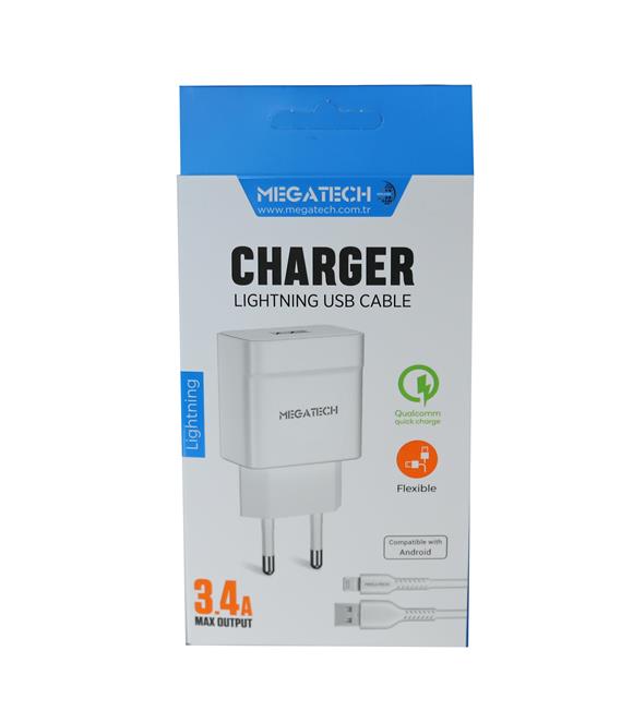 Megatech CC-03 (MT-Cl34) 3.4A Lightning Usb Kablo + Ev Şarj Adaptörü Hızlı Şarj