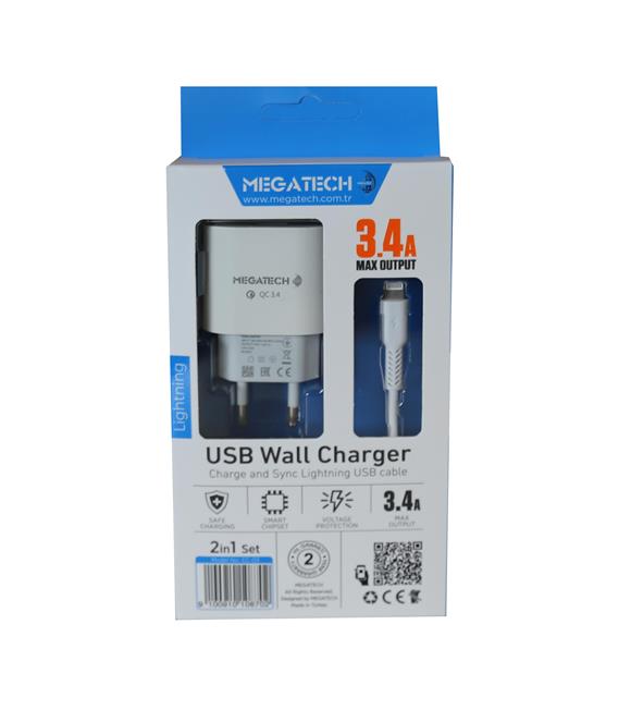 Megatech CC-03 (MT-Cl34) 3.4A Lightning Usb Kablo + Ev Şarj Adaptörü Hızlı Şarj