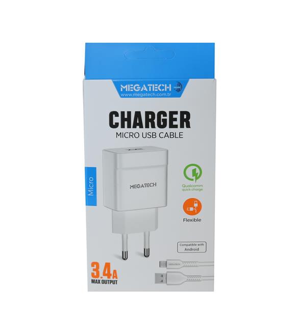Megatech MT-CM34 3.4A Micro Usb Kablo+ Ev Şarj Adaptörü Hızlı Şarj