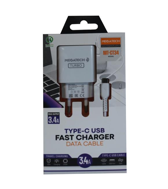 Megatech CC-03 (MT-Ct34 )3.4A Type-C Usb Kablo+ Ev Şarj Adaptör Hızlı Şarj