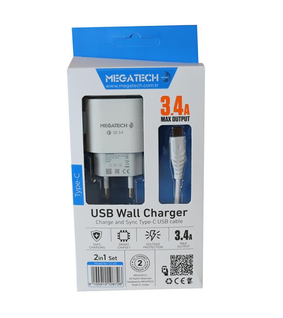 Megatech CC-03 (MT-Ct34 )3.4A Type-C Usb Kablo+ Ev Şarj Adaptör Hızlı Şarj