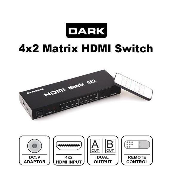 Dark DK-HD-SW4X2 Full HD 4 Giriş 2 Çıkışlı 4x2 Matrix Uzaktan Kumandalı HDMI Switch