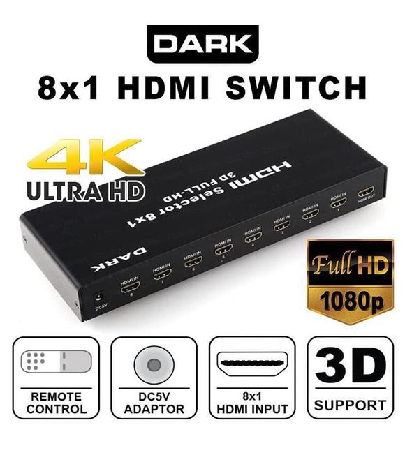 Dark DK-HD-SW8X1 Full HD 8 Giriş 1 Çıkışlı Uzaktan Kumandalı HDMI Switch (Seçici)_1