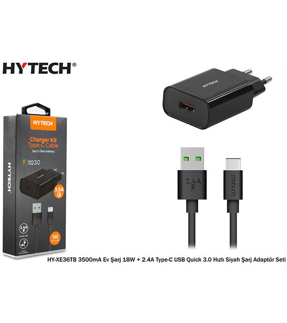 Hytech HY-XE36TB 3500mA Ev Şarj 18W + 2.4A Type-C USB Quick 3.0 Hızlı Siyah Şarj Adaptör Seti
