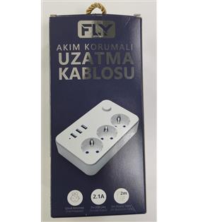 Fly 3406-01 3lü Anahtarlı 2.1A 3Usb Şarj Çıkışı 2mt Anahtarlı  Akım Korumalı Priz Çocuk Koruması