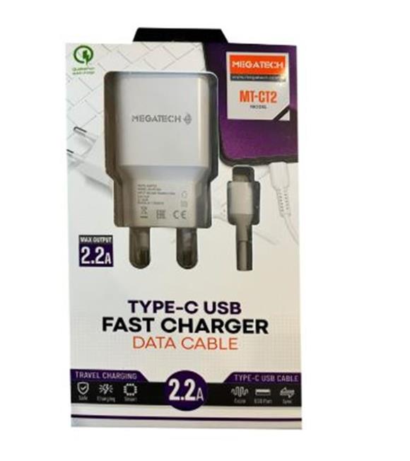 Megatech Mt-CT2 2.2a 2ın1 Typc-e Ev Şarj+Type-c Kablo Hızlı Şarj Cep Telefonu Aksesuarları