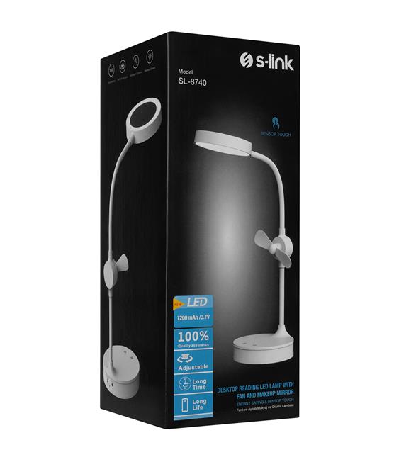 S-link SL-8740 Masa Üstü Ledli Fanlı - Aynalı Makyaj ve Okuma Lambası
