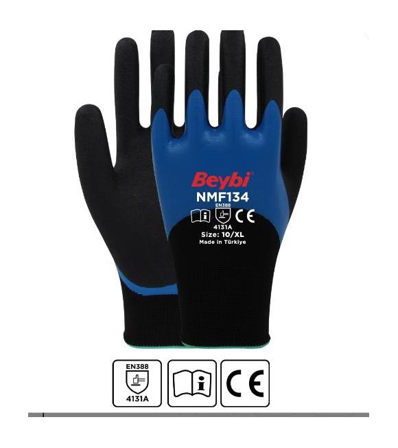 Beybi NMF134 9Beden 12li Double Mikro Köpük 3-4 Nitril Kaplı Polyester Örgü Eldiven