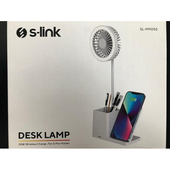 S-link SL-M9055 Beyaz TypeC 10W Kablosuz Şarj Cihazı Fanlı Kalemlikli Masa Lambası