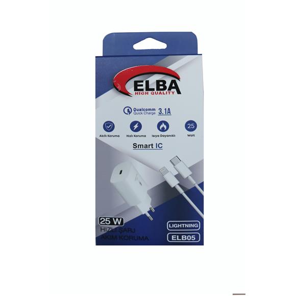 Elba ELB05-PD-25WIOS Beyaz 25W Usb-c Ev Şarj Kafa+1mt Type-c To Lightnıng Kablo PD3.0-QC4.0 Hızlı Şarj
