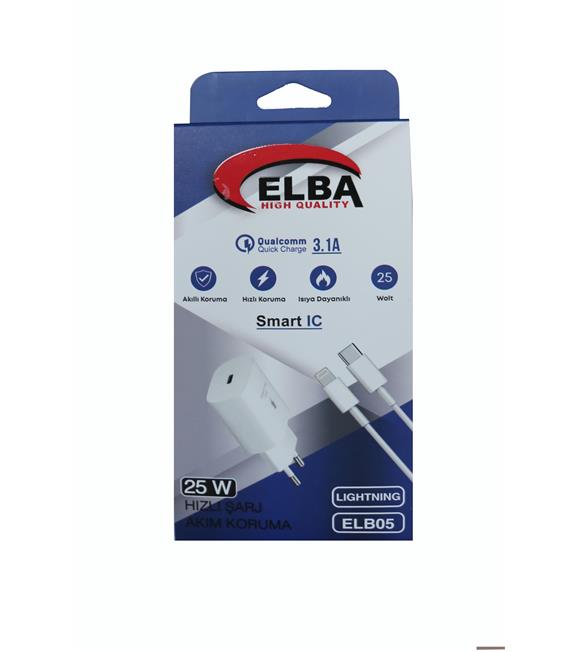 Elba ELB05-PD-25WIOS Beyaz 25W Usb-c Ev Şarj Kafa+1mt Type-c To Lightnıng Kablo PD3.0-QC4.0 Hızlı Şarj