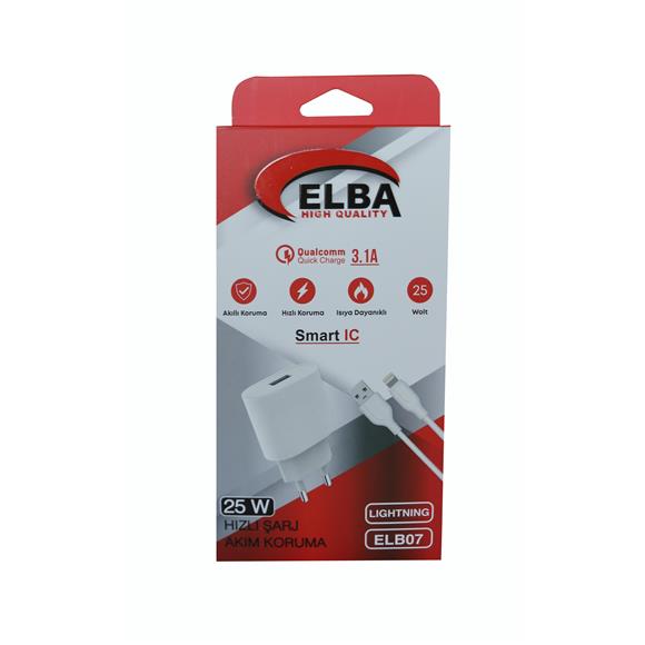 Elba ELB07-USB-25WIOS Beyaz 25W Usb Ev Şarj Kafa+ Usb 1mt Lightning Kablo QC4.0 Hızlı Şarj