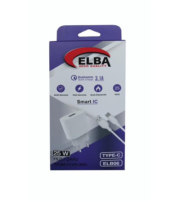 Elba ELB06-USB-25WTypc Beyaz Usb 25W Şarj Kafa+1Mt Usb Type-c Kablo QC4.0 (Akım Koruma-Hızlı Şarj)