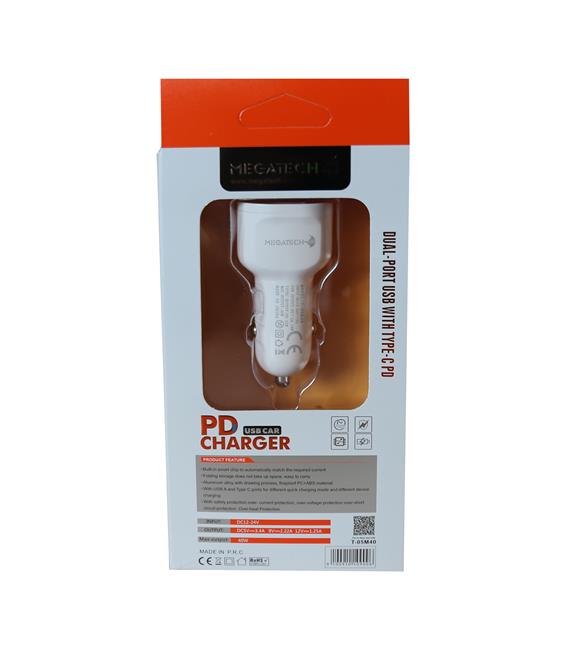 Megatech T05-M40 Beyaz 40W PD-USB Araç Çakmaklık Şarj Başlığı Hızlı Şarj