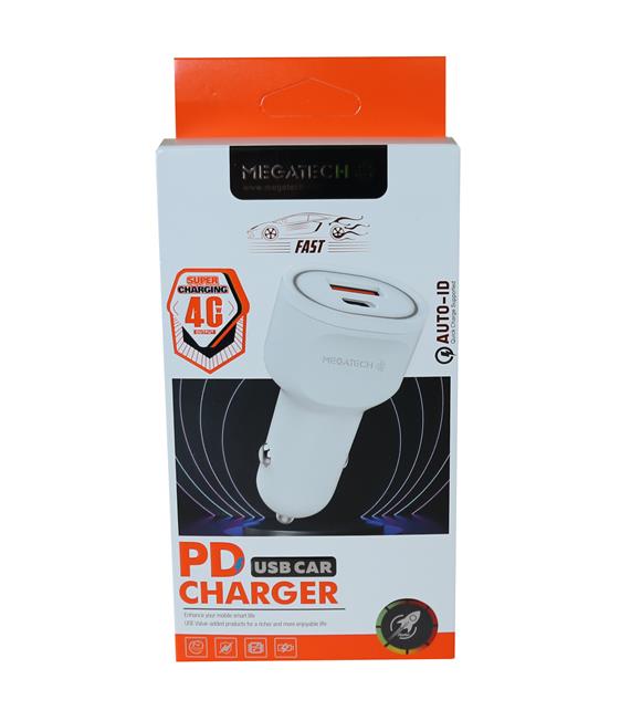 Megatech T05-M40 Beyaz 40W PD-USB Araç Çakmaklık Şarj Başlığı Hızlı Şarj