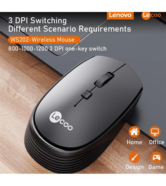 Lecoo WS202 Siyah 800-1200-1600DPI 2.4Ghz Optik Kablosuz Mouse (Pil Var)