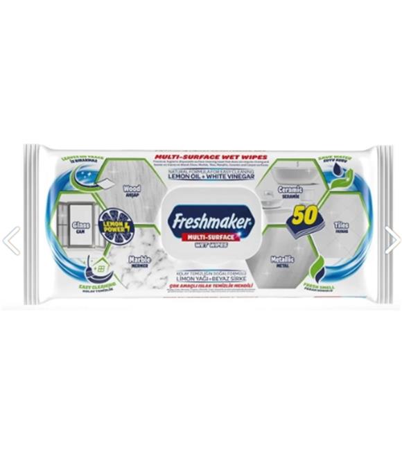 Freshmaker 50li Çok Amaçlı Islak Mendil Limon Yağı+Beyaz Sirke)(Mermer-Ahşap-Metal-Seramik)