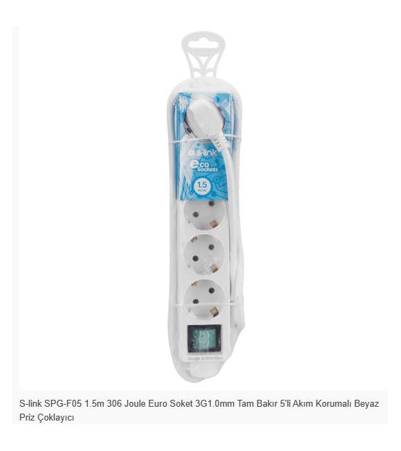 S-link SPG-F05 1.5m 306 Joule Euro Soket 3G1.0mm Tam Bakır 5li Akım Korumalı Beyaz Priz Çoklayıcı