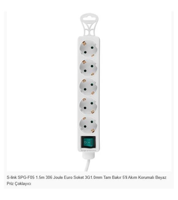 S-link SPG-F05 1.5m 306 Joule Euro Soket 3G1.0mm Tam Bakır 5li Akım Korumalı Beyaz Priz Çoklayıcı