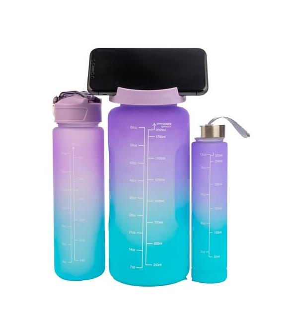 Valletta VLT1284 Eldorado 3lü Set Motivasyonel Su Matarası Mor(2000ml-750ml-300ml)