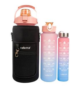 Valletta VLT1294 Eldorado 3lü Set  Motivasyonel Su Matarası Pembe(2000ml-750ml-300ml)Çantalı