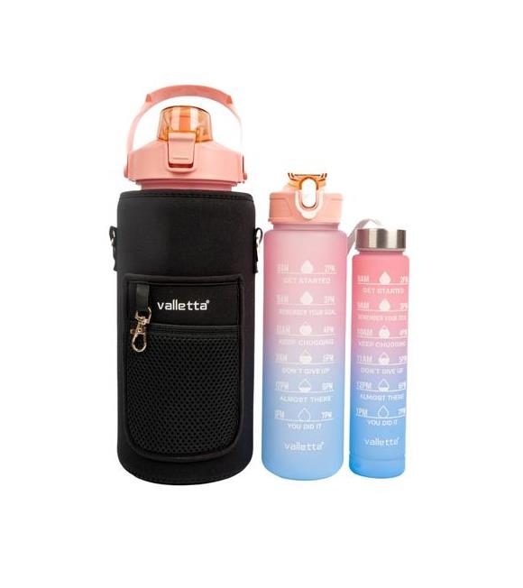Valletta VLT1294 Eldorado 3lü Set Motivasyonel Su Matarası Pembe(2000ml-750ml-300ml)Çantalı