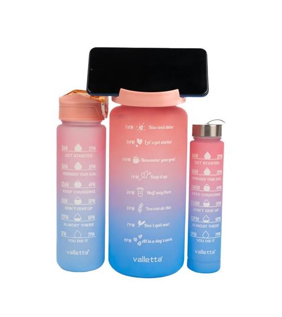 Valletta VLT1294 Eldorado 3lü Set Motivasyonel Su Matarası Pembe(2000ml-750ml-300ml)Çantalı