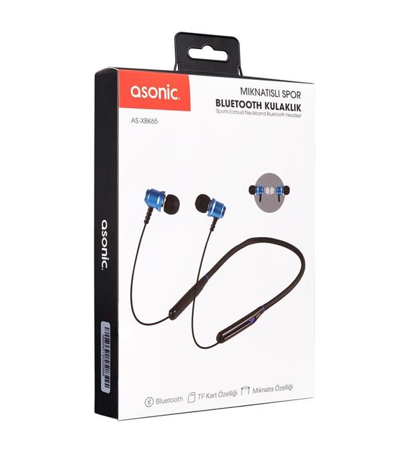 Asonic AS-XBK65 Siyah-Mavi Boyun Askılı Mıknatıslı Bluetooth+ TF Kart Spor Kulak içi Kulaklık