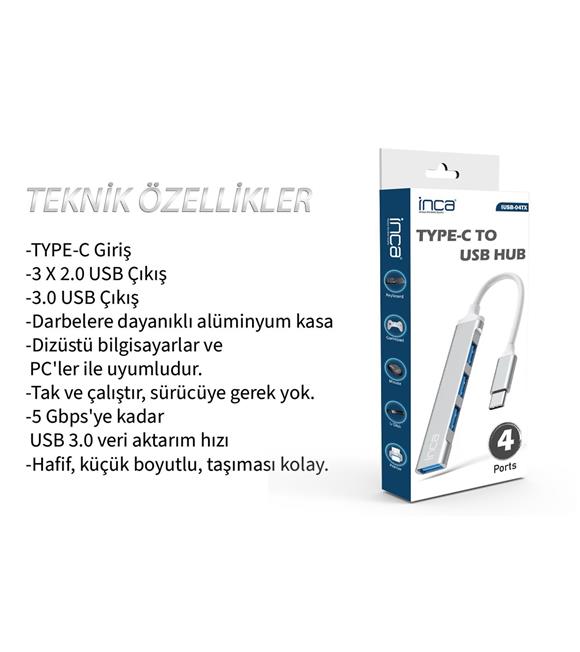 Inca IUSB-04T Type-C Grişli 4Port Usb Hub 3X2.0 USB Çıkış 3.0 USB Çıkış 5 Gbps_1