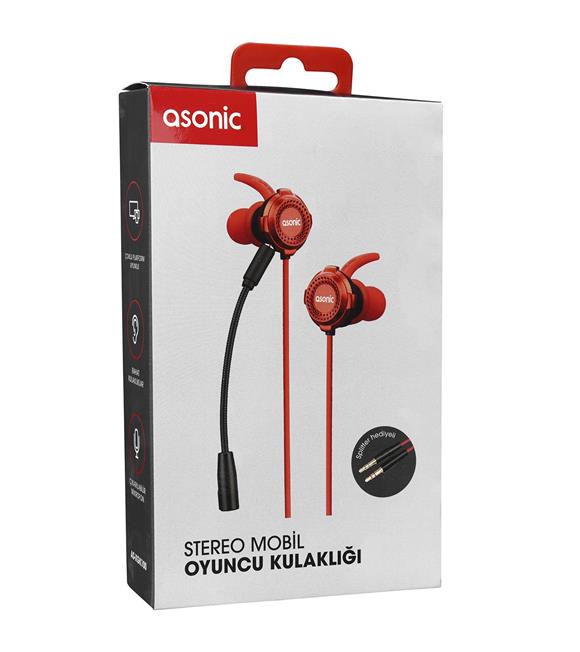 Asonic AS-XGK100 Splitter Hediyeli 3.5mm Gaming Kırmızı Kulak İçi Mikrofonlu Kulaklık