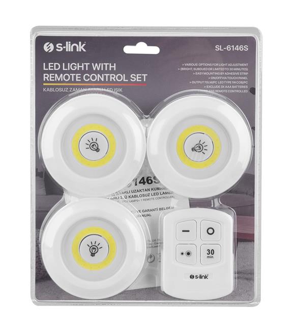 S-link SL-6146S 3W Zaman Ayarlı Uzaktan Kumandalı Yapışkanlı 3Lu Kablosuz Pilli Led Lamba