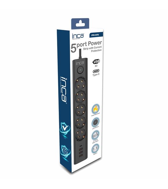 INCA IPW-44TU 5li 1,5mt Siyah 3Usb+Typ-C Akım Korumalı Led Tuşlu Priz
