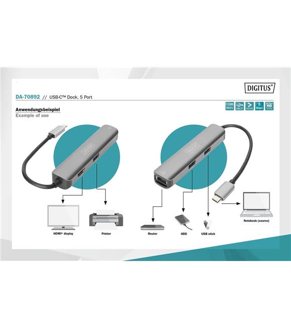 Digitus DA-70892 USB Tip C Docking , 5 Port 1 xHDMI port 1x USB-C™ 3x USB 3.0 port 1x10-100-1000