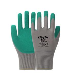 BEYBİ PL17 9 Beden Gri-Yeşil 12li Paket Legend Polyester Örme Lateks Eldiven